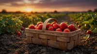 Fresh ripe strawberries in wooden basket at sunset on farm field. Organic berry harvest concept for healthy eating and agriculture marketing materials.