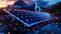 Solar panel array with wind turbine in background against dramatic sunset sky, glowing blue photovoltaic cells with bokeh light effects, renewable energy concept.