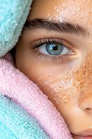 Close-up of bright blue eye with long eyelashes and defined eyebrow, face partially covered with pink and turquoise towels, water droplets on glowing skin.