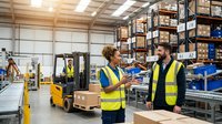 Young African American woman and Caucasian man in safety vests discussing logistics in a busy warehouse with shelves and forklift.