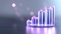Glowing neon graph bars showing upward trend on reflective surface with purple and pink bokeh lights in background, business growth concept.