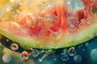 Fresh watermelon slice underwater with bubbles and droplets creating dynamic splash effect against dark background, vibrant summer fruit macro photography.