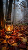 Vintage oil lantern glowing warmly among autumn leaves in misty forest setting creating cozy atmospheric mood for seasonal camping and outdoor adventure themes.