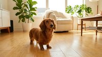 Adorable red dachshund dog sitting on wooden floor in bright modern living room with houseplants and contemporary furniture creating cozy home atmosphere.