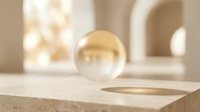 Transparent glass sphere resting on light wooden surface with blurred beige architectural background, suitable for abstract design and modern aesthetic projects.