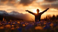 Silhouette of person with raised arms standing in wildflower meadow at sunset, mountains in background. Spiritual freedom and wellness concept captured in golden light.