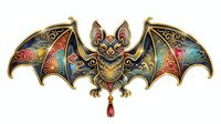 Ornate bat with colorful stained glass wings and gold filigree details, isolated on white background. Perfect for Halloween designs, gothic art, tattoo inspiration, and decorative projects.