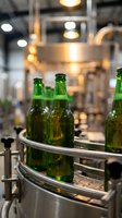 Green beer bottles on conveyor belt in brewery production line with industrial equipment and warm lighting in background.