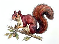 Red squirrel perched on branch with leaves, isolated on white background. Suitable for children's books, educational materials, wildlife illustrations, and design projects.