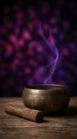 Tibetan singing bowl with wooden striker on rustic table, purple mystical smoke rising against bokeh background for meditation and spiritual practices.