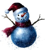 Cheerful snowman wearing red santa hat and scarf with stick arms against white background, watercolor style artwork for winter holiday designs and decorations.