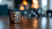Decorative candle holder with floral pattern casting warm glow on wooden surface against blurred bokeh background creates cozy atmospheric mood.