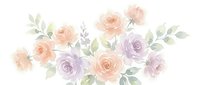 Watercolor floral arrangement with soft peach and lavender roses, delicate leaves on white background. Romantic botanical design for wedding invitations.