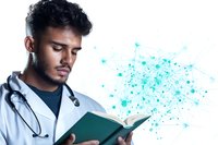 Young male South Asian medical professional reading book with abstract turquoise molecular structure background, wearing white coat and stethoscope. Healthcare education concept.