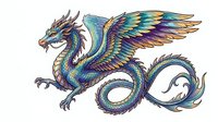 Colorful dragon with iridescent scales, wings, and serpentine tail in shades of blue, purple, and gold. Isolated on white background, ready for design projects.