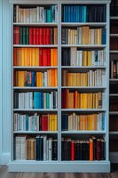 Colorful books arranged by spectrum on white wooden bookshelf against wall, creating rainbow effect with hardcover and paperback volumes in home library setting.