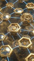 Golden hexagonal nodes with glowing blue connecting lines and atomic symbols represent network technology, blockchain, and digital connectivity for science, innovation, and data visualization projects.