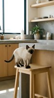 Siamese cat standing on wooden stool in modern kitchen with concrete countertop, wooden cabinets, floating shelves, potted plant, and natural light from window.