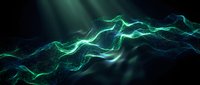 Glowing neon green and blue wave energy flowing across dark background, suitable for technology, science fiction, and digital design projects.