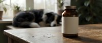 Amber glass medicine bottle with blank label on wooden table in cozy home interior with sleeping cats in background for pet healthcare and veterinary care.
