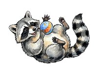 Playful raccoon lying on its back holding a colorful globe, isolated on white background. Perfect for children's books, educational materials, and design projects.