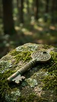 Ornate vintage brass key with Celtic knots resting on moss-covered stone in enchanted forest setting for fantasy and mystery themes.