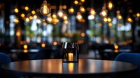 Atmospheric restaurant interior with glowing vintage bulbs and candlelight creating warm bokeh effect over empty round table, modern dining ambiance.