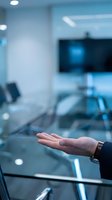 Person's hand extended in modern office environment with conference room and technology setup in soft focus background.