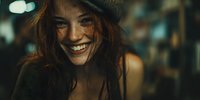 Young woman with freckles and long brown hair smiling joyfully at night with warm bokeh lights in urban background for lifestyle and happiness concepts.