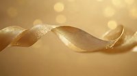 Elegant gold ribbon with glitter sparkles curling gracefully against soft bokeh background in warm golden tones, creating luxurious festive atmosphere.