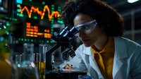 Young African American female scientist in lab coat and safety glasses examining specimen through microscope with digital data display and laboratory equipment in background.