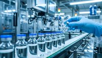 Laboratory technician in blue gloves conducting research with test tubes in modern pharmaceutical manufacturing facility with sterile equipment.