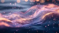 Magical flowing waves with glowing particles in pink and blue colors create ethereal abstract background with luminous light effects and bokeh elements.