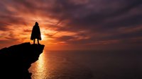 Silhouetted figure standing on cliff edge overlooking ocean at dramatic sunset with golden and orange sky, conveying courage, adventure, and contemplation for motivational and inspirational design projects.