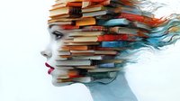 Woman profile portrait with books dissolving into flowing hair, artistic double exposure effect combining literature and feminine beauty in surreal style. For book covers.