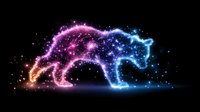 Glowing cosmic bear silhouette with sparkles and stars in blue and pink neon colors against black background, magical constellation effect for fantasy designs.