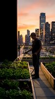 Man watering rooftop garden plants at sunset with illuminated city skyline in background. Urban farming and sustainable living concept for modern lifestyle and environmental awareness.