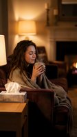 Woman with long dark hair and olive complexion sitting on couch wrapped in blanket, holding warm beverage in cozy home interior with warm lighting, suitable for wellness and lifestyle content.