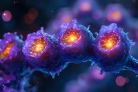 Glowing purple and orange cells in microscopic view with luminescent cores and detailed membrane structure against dark background with bokeh effect.