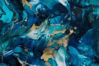 Abstract fluid art background in deep ocean blue and gold tones with swirling marble effect and metallic accents, luxury modern wall decor pattern.