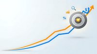 Business target achievement with upward trending arrows showing financial growth and success metrics on clean background for presentations.