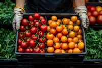 Fresh red and yellow cherry tomatoes in plastic crate held by farmer wearing protective gloves. Colorful organic produce at local market with green vegetables.