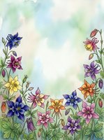Watercolor columbine flowers in blue, pink, purple, yellow and orange forming a border frame with soft green background and copy space.