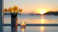 Yellow daffodils in vase and glowing candle on windowsill against scenic ocean sunset background creating peaceful atmospheric mood for relaxation and mindfulness.