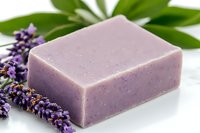 Handcrafted lavender soap bar with natural herbs and green leaves on white background, aromatherapy and spa wellness concept for natural skincare products.