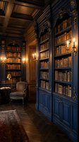 Elegant vintage library interior with ornate wooden bookshelves, leather armchair, warm candlelight and classic books for luxury home office design.