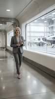 Mature woman in business attire walking through modern airport terminal corridor holding smartphone, with aircraft visible through large windows behind her, suitable for corporate travel and business concepts.
