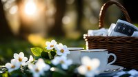 Morning coffee cup with white spring flowers and wicker basket in garden setting, soft bokeh sunlight creates peaceful atmosphere for relaxation and mindfulness.