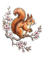 Reddish-brown squirrel perched on flowering branch with pink blossoms, isolated on white background. Suitable for children's illustrations, nursery decor, apparel design, and stationery projects.