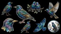Colorful starling birds clipart set, isolated on transparent background. Includes perching, flying, and pair poses. Great for stickers, t-shirt design, print on demand, sublimation.